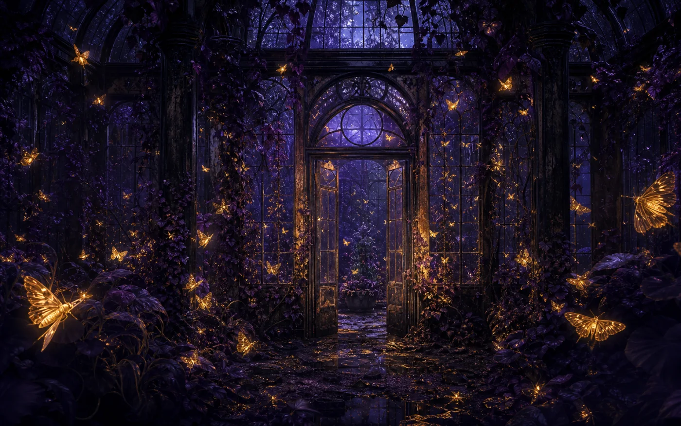 Midnight conservatory with golden moths
