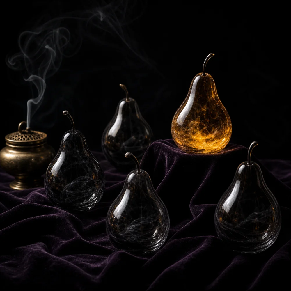 Still life of translucent glass pears
